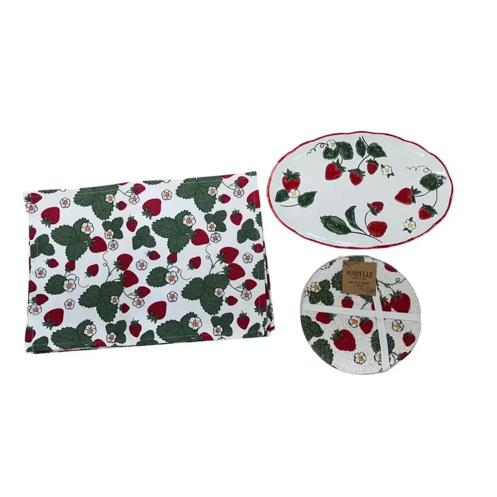 Mabelle Kitchen & Table Strawberry Ceramic Platter 4 Trivets 8 Placemats Set
